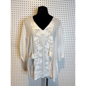 Tasha Polizzi White | Embroidered Tassel Peasant Blouse XL Rayon Boho Top